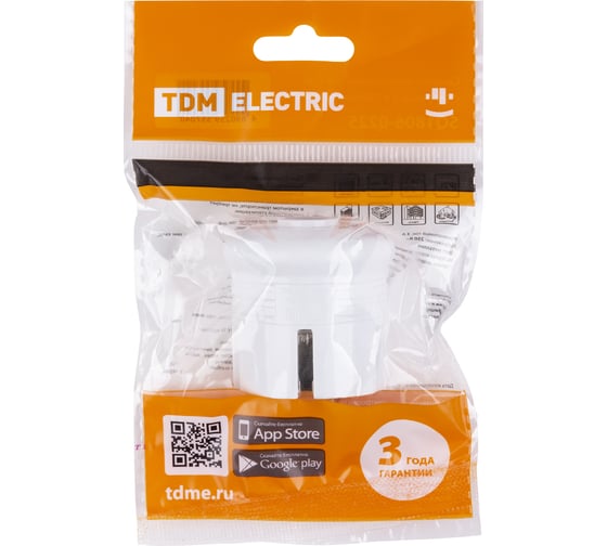 Вилка с заземлением TDM ELECTRIC круглая, белая, 10А, 250В SQ1806-0199