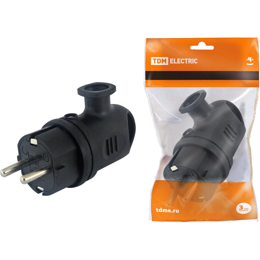 Угловая вилка TDM ELECTRIC с ушком, каучук, 2Р+РЕ, 16А, 250В, IP44 ...