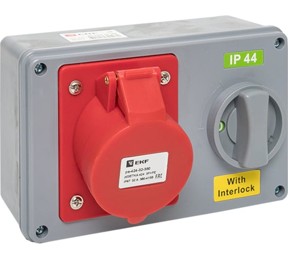 Розетка с блокировкой и выключателем EKF 1424 3Р+РЕ 32А 380В IP44 ps-1424-32-380 1