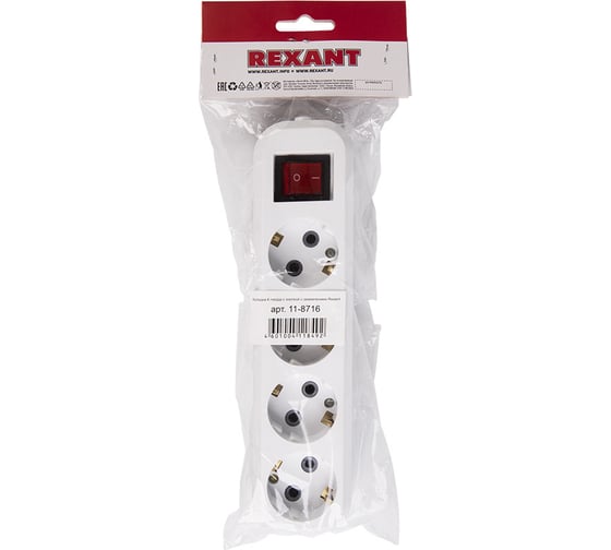 Розеточная колодка REXANT 4 гнезда с кнопкой c заземлением 11-8716