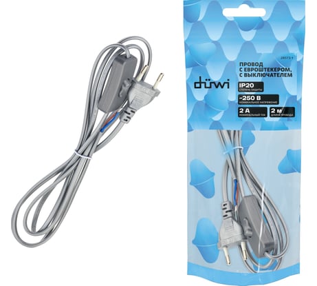 Провод с евроштекером и выключателем duwi серебро 2,0м H 03 VV-F 2x0,5 мм 28573 1