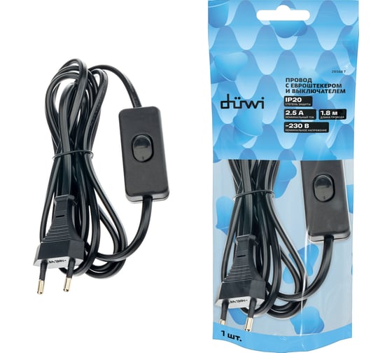 Провод с евроштекером и выключателем duwi черный, 1,8м H 03 VV-F 2x0,5 мм 28568 7 1