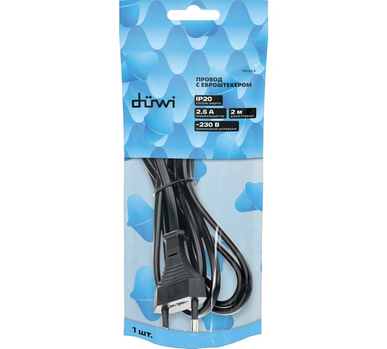 Провод с евроштекером duwi черный, 2м H 03 VV-F 2x0,5 мм 28565 6