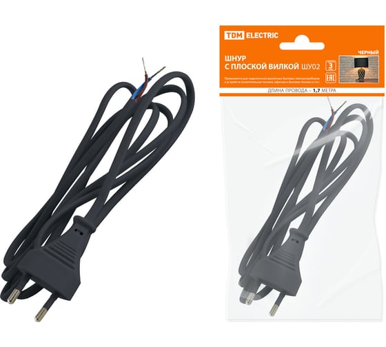 Шнур с плоской вилкой TDM ELECTRIC ШУ02 ШВВП 2x0,75мм2 1,7 м. черный SQ1305-0012 1