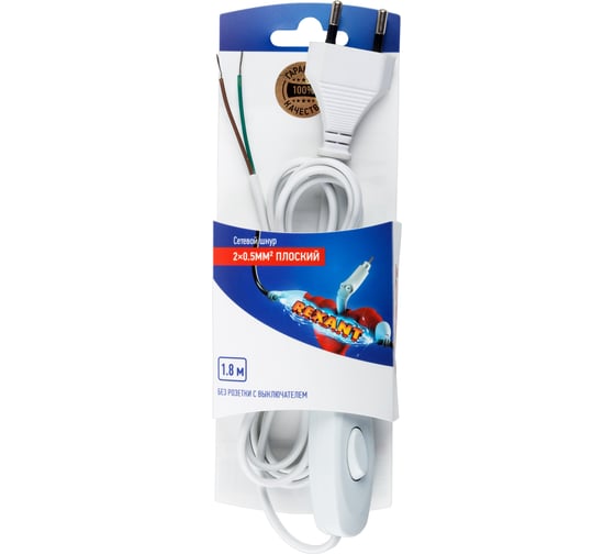Сетевой шнур REXANT 1.8М с выключателем и вилкой белый 06-3251