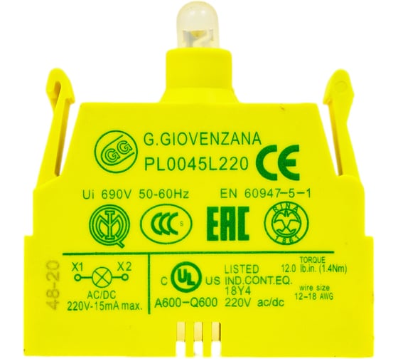 Контактный блок GIOVENZANA со светодиодом, с клеммами под винт, 220V PL0045L220