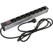 Блок розеток Hyperline для 19" шкафов, горизонтальный, 8 розеток Schuko, выключатель с подсветкой, кабель питания 2.5м (3x1.5мм2) с вилкой Schuko 16A, 250В, 482.6x44.4x44.4мм (ШxГxВ), корпус алюминий 459583