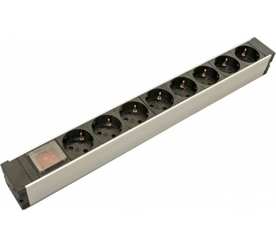 Блок розеток Hyperline для 19" шкафов, горизонтальный, 8 розеток Schuko, выключатель с подсветкой, без кабеля питания, вxодной разъем IEC320 C14 10А, 250В, 482.6x116.0x44.4мм (ШxГxВ), корпус алюминий 459579