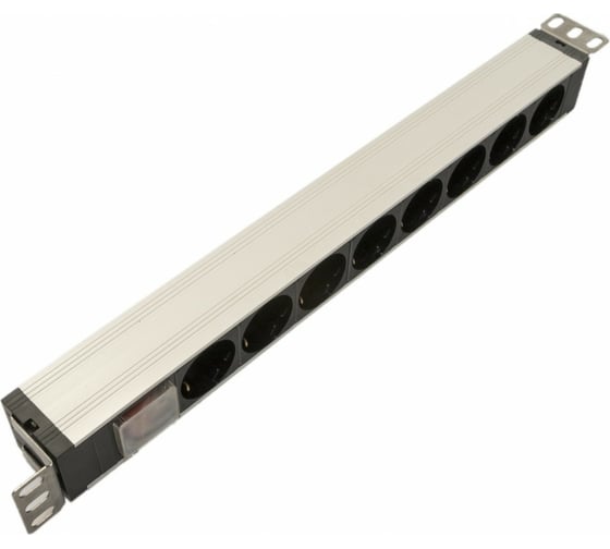 Блок розеток Hyperline для 19" шкафов, горизонтальный, 8 розеток Schuko, выключатель с подсветкой, без кабеля питания, вxодной разъем IEC320 C14 10А, 250В, 482.6x116.0x44.4мм (ШxГxВ), корпус алюминий 459579