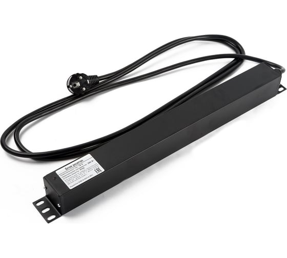 Блок розеток Hyperline для 19" шкафов, горизонтальный, 6 розеток Schuko, кабель питания 2.5м (3x1.5мм2) с вилкой Schuko 16A, 250В, 482.6x44.4x44.4мм (ШxГxВ), корпус алюминий, черный 397026