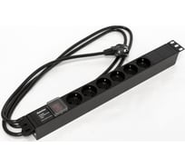 Блок розеток Hyperline для 19" шкафов, горизонтальный, 6 розеток Schuko, выключатель с подсветкой, кабель питания 2.5м (3x1.5мм2) с вилкой Schuko 16A, 250В, 482.6x44.4x44.4мм (ШxГxВ), корпус алюминий 397030