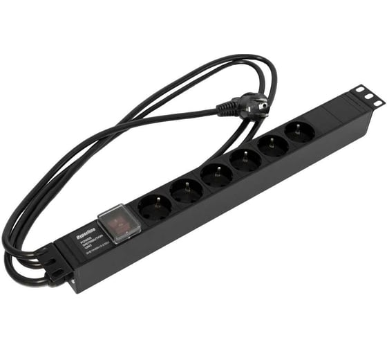 Блок розеток Hyperline для 19" шкафов, горизонтальный, 6 розеток Schuko, выключатель с подсветкой, кабель питания 2.5м (3x1.5мм2) с вилкой Schuko 16A, 250В, 482.6x44.4x44.4мм (ШxГxВ), корпус алюминий 397030