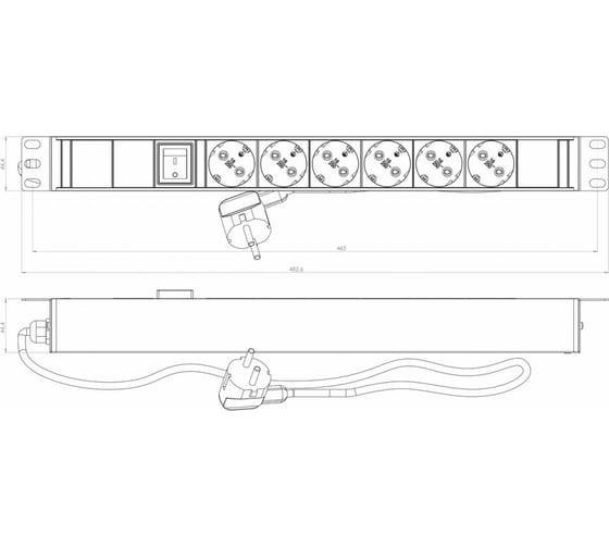 Блок розеток Hyperline для 19" шкафов, горизонтальный, 6 розеток Schuko, выключатель с подсветкой, кабель питания 2.5м (3x1.5мм2) с вилкой Schuko 16A, 250В, 482.6x44.4x44.4мм (ШxГxВ), корпус алюминий 397030