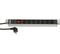 Блок розеток для 19" шкафов, горизонтальный, 7розеток IEC320 C13, выключатель с подсветкой, кабель питания 2.5м (3x1.5мм2) с вилкой Schuko 16A 250В Hyperline 29230