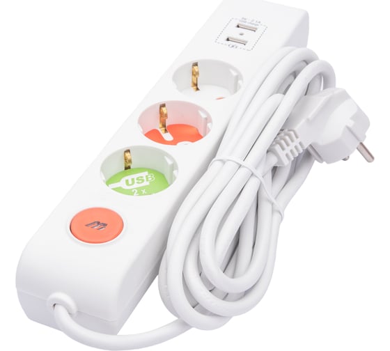 Розеточная колодка Mutlusan 3 гнезда USB, 16А/250с токовой защитой 2xUSB, зарядное ( шторки +выключатель) 001 175 350002 03 00