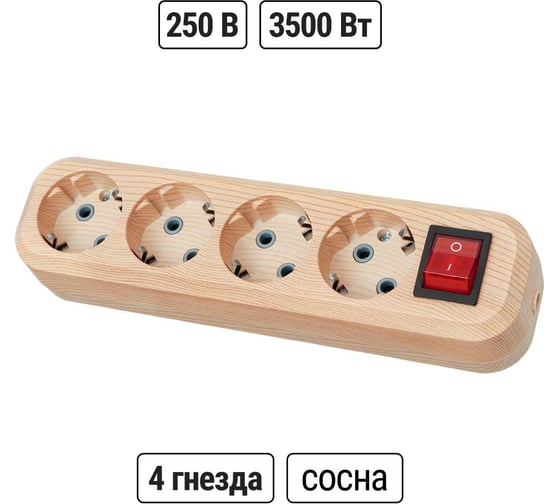 Колодка для удлинителя TDM ELECTRIC на 4 гнезда 2П, с заземлением, с выключателем 16А 250В "Эко" (сосна) SQ1806-0052