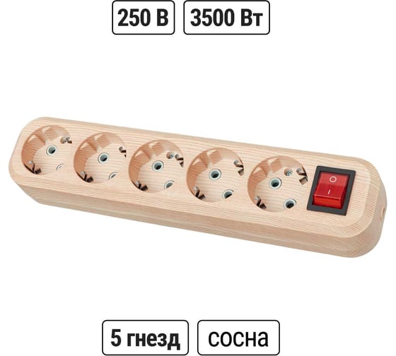 Колодка для удлинителя TDM ELECTRIC на 5 гнезд 2П, с заземлением, с выключателем 16А 250В "Эко" (сосна) SQ1806-0055