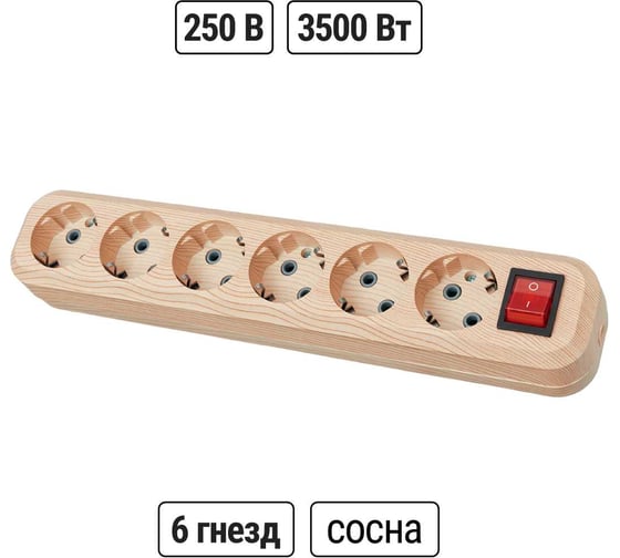 Колодка для удлинителя TDM ELECTRIC на 6 гнезд 2П, с заземлением, с выключателем 16А 250В "Эко" (сосна) SQ1806-0058