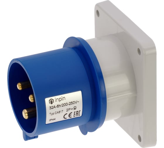 Встраиваемая вилка INPIN 32A/230V/1P+N+E/IP44, фланец 86x86 CA817 1