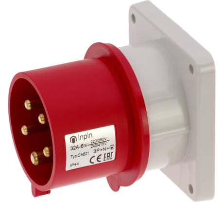 Встраиваемая вилка INPIN 32A/400V/3P+N+E/IP44, фланец 86x86 CA821