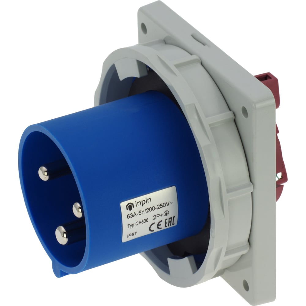Встраиваемая вилка INPIN 63A/230V/1P+N+E/IP67, фланец 106x110 CA836 ...