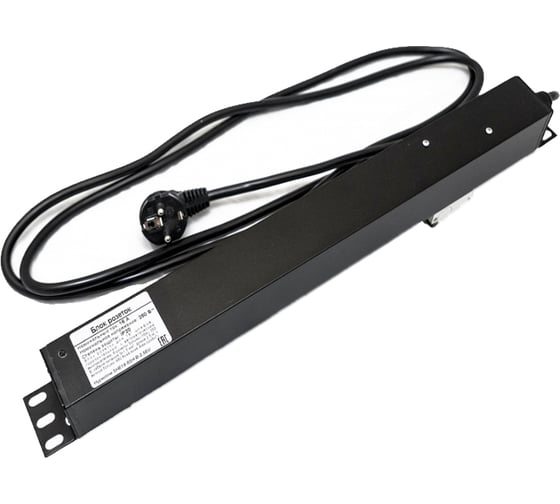 Блок розеток Hyperline SHE19-6SH-B-2.5EU для 19" шкафов, горизонтальный, 6 розеток Schuko, автоматический выключатель, кабель питания 2.5м (3x1.5мм2) с вилкой Schuko 16A, 250В, 482.6x44.4x44.4мм (ШхГхВ), корпус алюминий, черный 397028