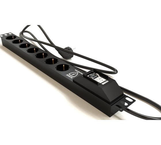 Блок розеток Hyperline SHE19-7SH-BF-2.5EU для 19" шкафов, горизонтальный, 7 розеток Schuko, автомат. выключатель, защита от перенапряжения, кабель питания 2.5м (3x1.5мм2) с вилкой Schuko 16A, 250В, 482.6x44.4x44.4мм (ШхГхВ), корпус алюминий, черный 457836