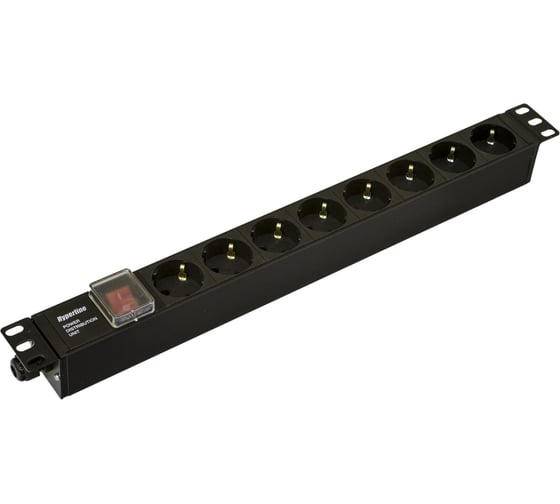 Блок розеток Hyperline SHE19-8SH-S-CB для 19" шкафов, горизонтальный, 8 розеток Schuko, выключатель с подсветкой, без кабеля питания, клеммная колодка 16A, 250В, 482.6x44.4x44.4мм (ШхГхВ), корпус алюминий, черный 481762