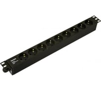Блок розеток Hyperline SHE19-9SH-CB для 19" шкафов, горизонтальный, 9 розеток Schuko, без кабеля питания, клеммная колодка 16A, 250В, 482.6x44.4x44.4мм (ШхГхВ), корпус алюминий, черный 481763