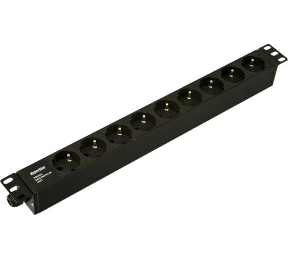 Блок розеток Hyperline SHE19-9SH-CB для 19" шкафов, горизонтальный, 9 розеток Schuko, без кабеля питания, клеммная колодка 16A, 250В, 482.6x44.4x44.4мм (ШхГхВ), корпус алюминий, черный 481763