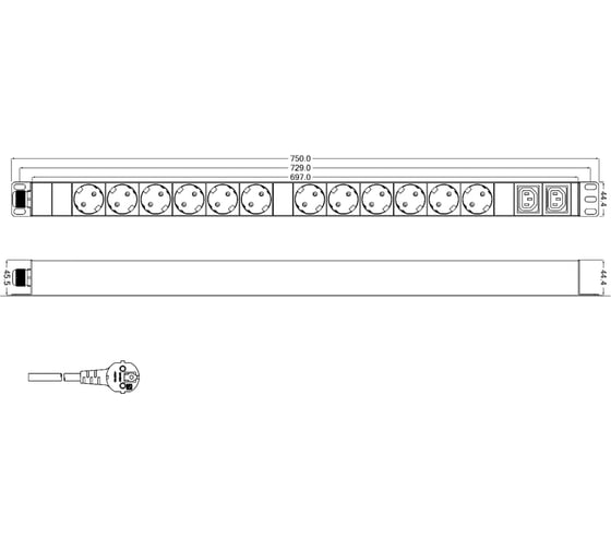Блок розеток Hyperline SHT-12SH-2IEC-2.5EU  вертикальный, 12 розеток Schuko, 2 розетки IEC320 C13, кабель питания 2.5м (3x1.5мм2) с вилкой Schuko 16A, 250В, 750x44.4x44.4мм (ДхШхВ), корпус а