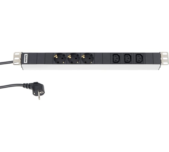 Блок розеток Hyperline SHT19-3SH-3IEC-2.5EU для 19" шкафов, горизонтальный, 3 розетки Schuko, 3 розетки IEC320 C13, кабель питания 2.5м (3x1.5мм2) с вилкой Schuko 16A, 250В, 482.6x44.4x44.4м 1