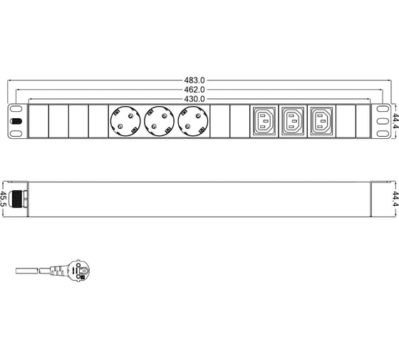 Блок розеток Hyperline SHT19-3SH-3IEC-2.5EU для 19" шкафов, горизонтальный, 3 розетки Schuko, 3 розетки IEC320 C13, кабель питания 2.5м (3x1.5мм2) с вилкой Schuko 16A, 250В, 482.6x44.4x44.4м