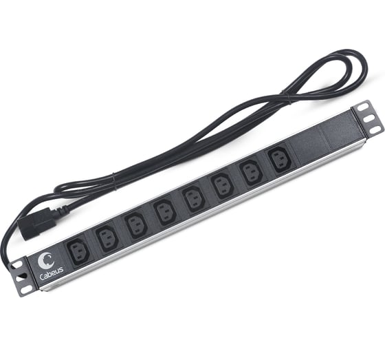 Горизонтальный блок розеток Cabeus для 19" шкафов, 8 розеток IEC 320 C13, 10 A, без выключателя, алюминиевый корпус, шнур 2 м, вилка IEC 320 C14 PDU-8I-2IEC 1