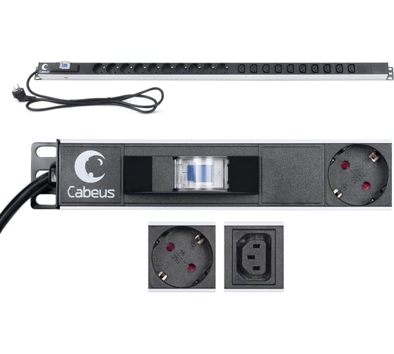Вертикальный блок розеток Cabeus для 19" шкафов, 10 розеток Schuko, 10 розеток IEC 320 C13, 16А PDU-16-10S-10C13-B 1