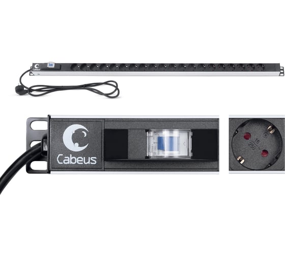Вертикальный блок розеток Cabeus для 19" шкафов, 20 розеток Schuko, 16А, автомат защиты, алюминиевый корпус, шнур с вилкой Schuko 2 м PDU-16-20S-B