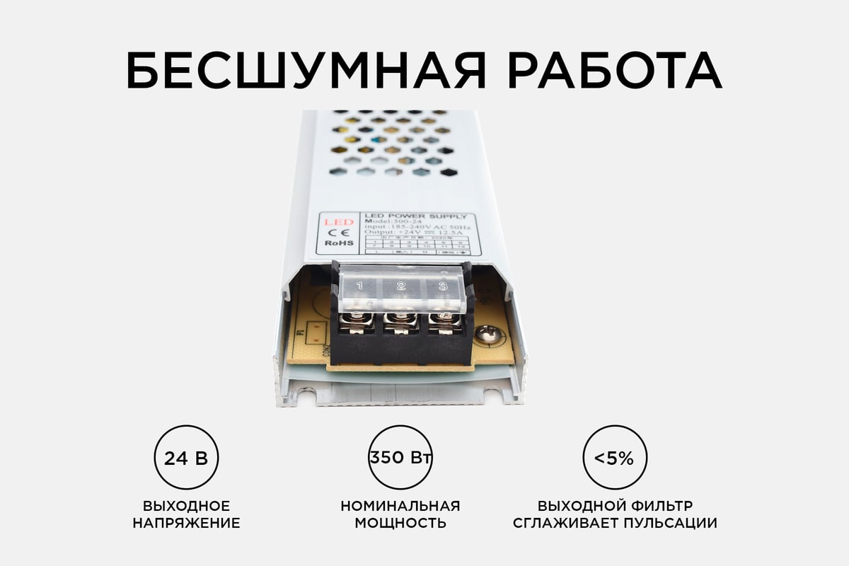 Блок питания Apeyron 24В, 300Вт, IP20, 12.5А, алюминий, слим, 308х53х22мм  03-73