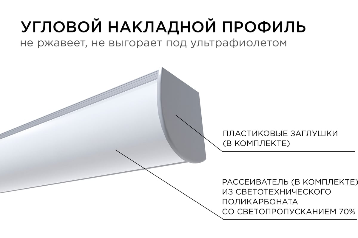 Алюминиевый угловой профиль Apeyron накладной, широкий рассеиватель 2м ...