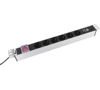 Блок силовых розеток Rem -16, вертикальный, неуправляемый, Shuko х 6, USB х 1, вход Schuko, шнур 3 м, 485мм, однофазный 16А, выключатель, алюминий R-16-6S-V-U-440-3