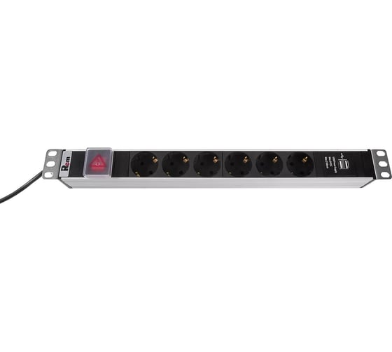 Блок силовых розеток Rem -16, вертикальный, неуправляемый, Shuko х 6, USB х 1, вход Schuko, шнур 3 м, 485мм, однофазный 16А, выключатель, алюминий R-16-6S-V-U-440-3