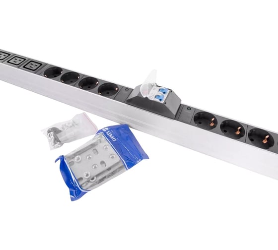 Блок силовых розеток Rem -32, вертикальный, неуправляемый, Shuko х 20, IEC 60320 С19x12, вход колодка, 19", 1863мм 32А, автомат + амперметр, алюминий, 2 контура, без шнура R-32-2x(10S-6C19-A-Am)-1820-K
