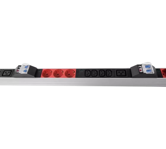 Блок силовых розеток Rem -3x32, вертикальный, неуправляемый, IEC 60320 С13, IEC 60320 С19x15, Shuko х 9, вход IEC 320 309 3PN, шнур 3 м, 1463мм, трехфазный 32А, автомат + индикатор, алюминий, 6 автоматов 2P R-3x32-9S-12C13-3C19-A-I-1420-3-3PN