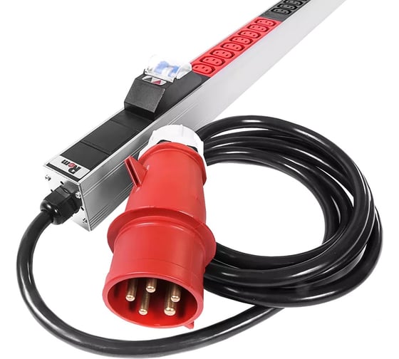 Блок силовых розеток Rem -3x32, вертикальный, неуправляемый, IEC 60320 С13x36, вход IEC 320 309 3PN, шнур 3 м, 1463мм, трехфазный 32А, автомат + индикатор, алюминий, 6 автоматов 2P R-3x32-36C13-A-I-1420-3-3PN