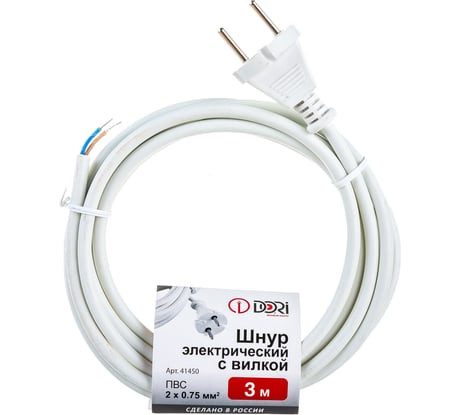 Шнур DORI ПВС 2х0,75 с вилкой 3,0 м белый 41450