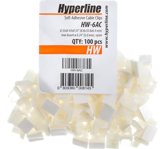 Самоклеящийся кабельный зажим Hyperline HW-6AC для кабеля д.6мм, площадка 8.8x10.8мм, 100 штук 16939