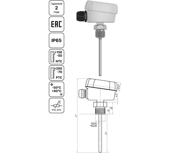 Врезной датчик температуры Завод RGP 80 мм. G1/2 TS-D80 PT1000