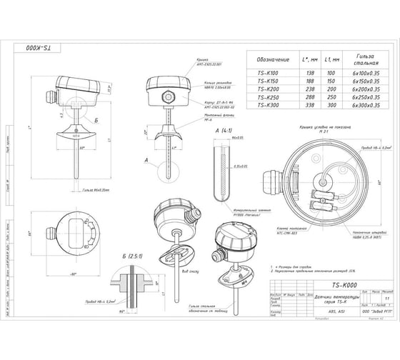Канальный (погружной) датчик температуры Завод RGP 250 мм. TS-K250 NTC10k (3950)