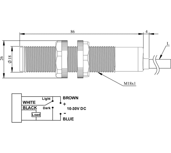 Фотоэлектрический датчик Emas PNP, 1НО+1НЗ, кабель 2м_4, расстояние срабатывания 400мм, диффузное отражение, 2мс, SPM18DP4DC2 1