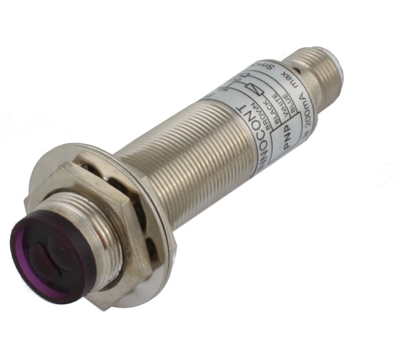 Диффузионный фотодатчик INNOCONT М18x1, зона срабатывания до 30 см, -10 +60 С, 12…24 VDC, IP67, выход: PNP NO + NC, макс. ток 200 мА, время реакции 3 мс, разъем М12 PESL-D18-POC30D (connecto 1