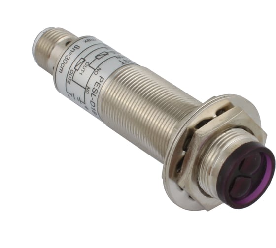 Диффузионный фотодатчик INNOCONT М18x1, зона срабатывания до 30 см, -10 +60 С, 12…24 VDC, IP67, выход: PNP NO + NC, макс. ток 200 мА, время реакции 3 мс, разъем М12 PESL-D18-POC30D (connecto